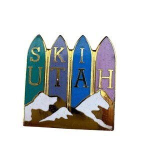 Vintage Ski Utah Enamel Metal Lapel Pin Colorful Design With Mountain Details